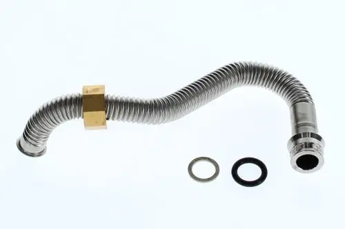 Edelstahlrohr mit einer gebogenen Form, versehen mit einem goldfarbenen Verbinder und zwei Dichtungen. Teil eines Bosch-Produkts für Anwendungen in der Maschinen- oder Automobiltechnik.
